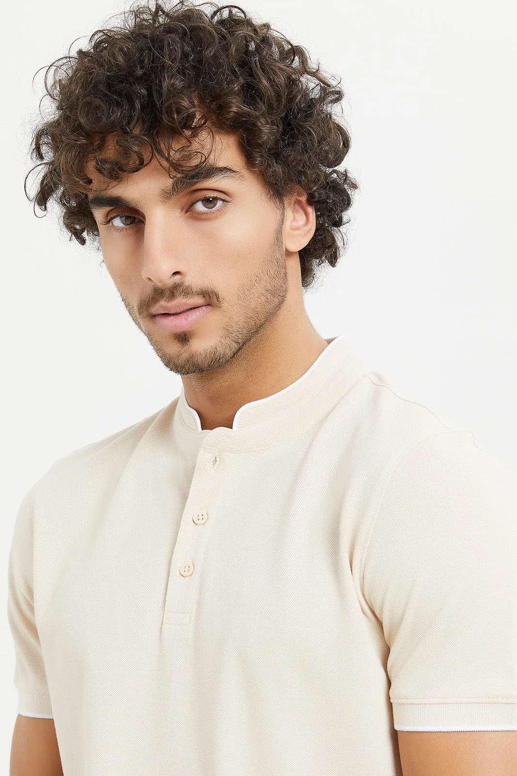 Men Beige Standup Collar Polo Shirt