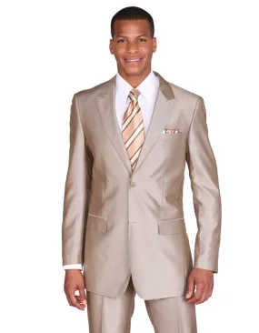 Mens 2 Button Peak Lapel Shiny Sharkskin Suit in Tan