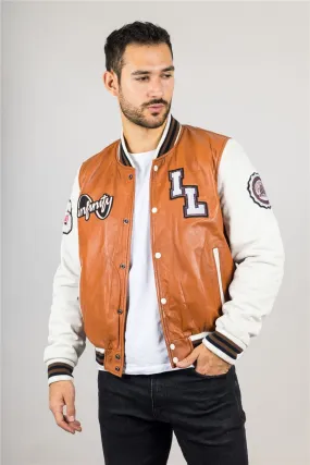 Men's Tan Brown Genuine Leather Bomber Jacket Baseball Letterman Coat