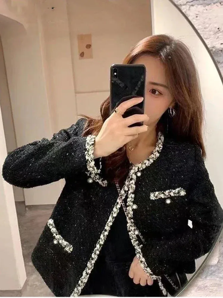 Metaversmall Elegant Lady Woolen Short Outerwear French Small Fragrant Tweed Jacket Coat for Women's Spring Autumn Korean Fashion