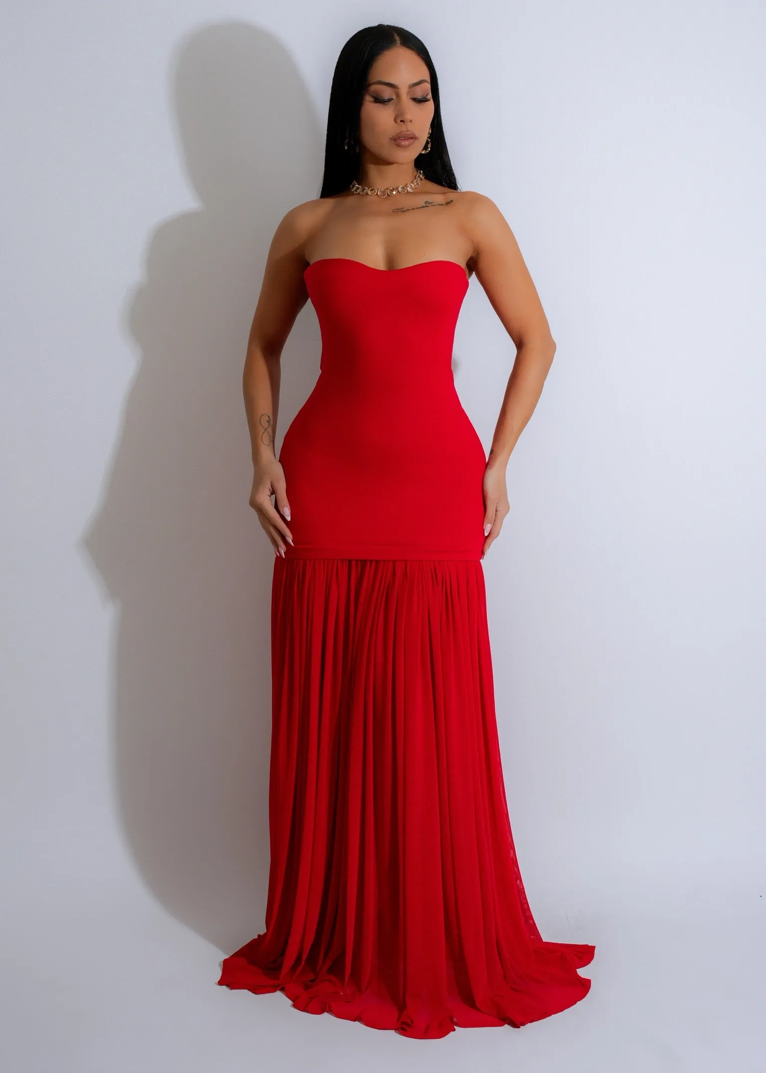 Moonlit Cascade Mesh Maxi Dress Red