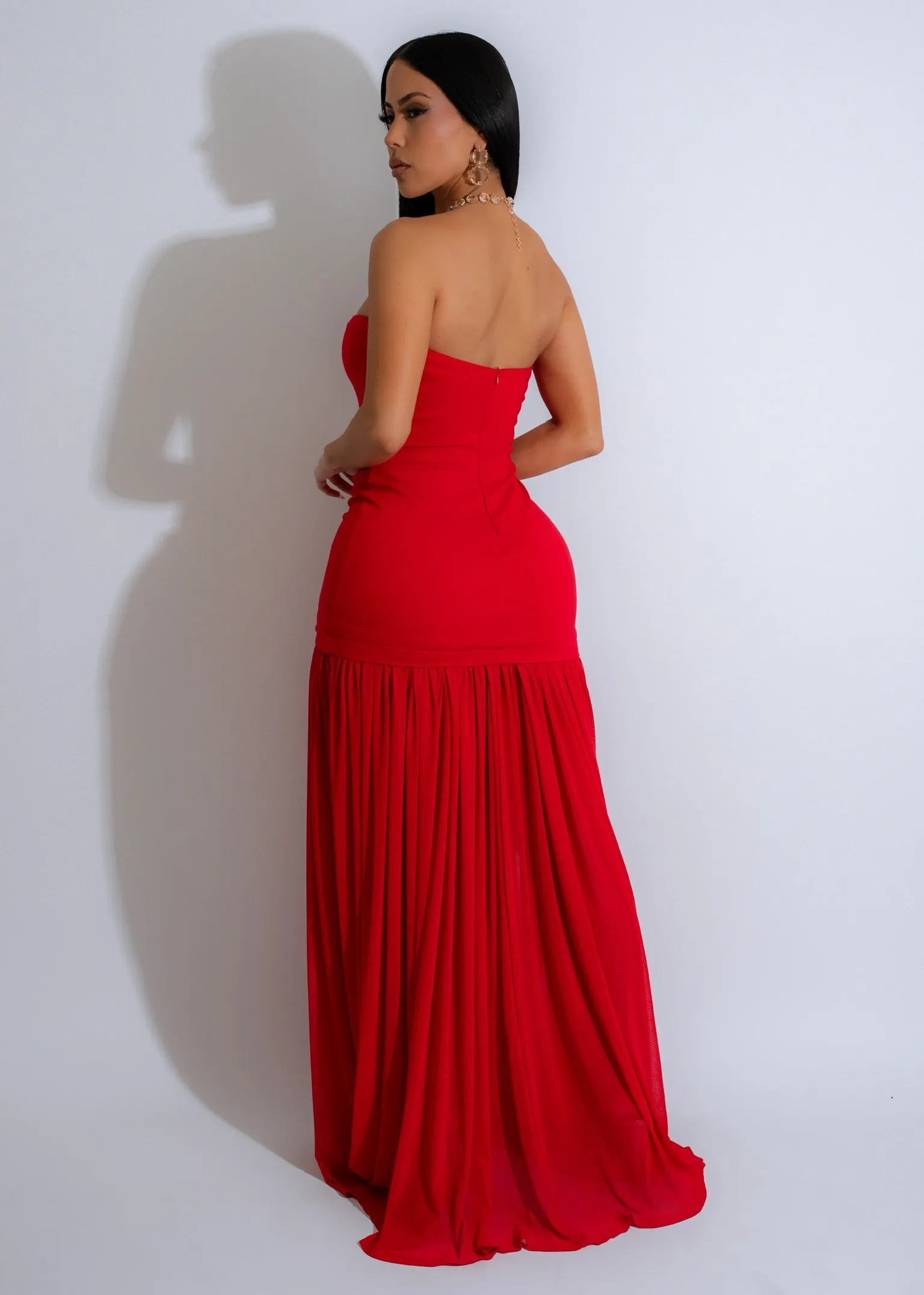 Moonlit Cascade Mesh Maxi Dress Red