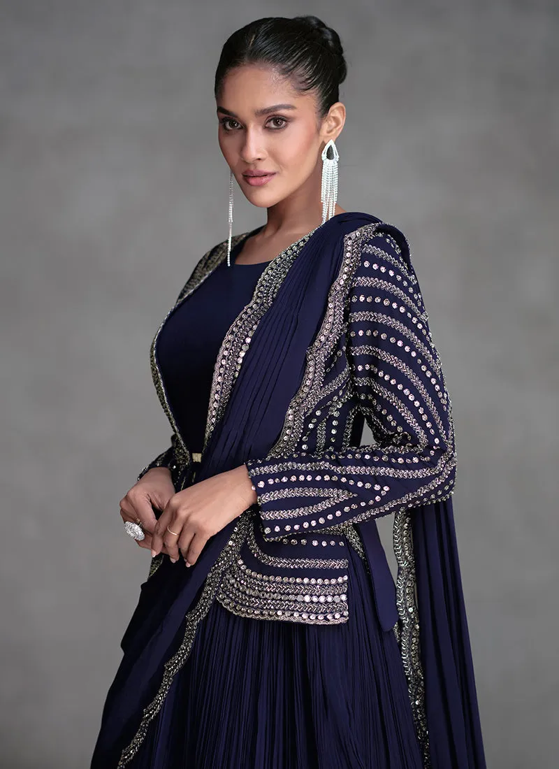 Navy Blue Embellished Lehenga Choli with Jacket