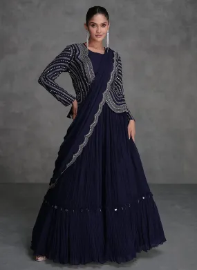 Navy Blue Embellished Lehenga Choli with Jacket