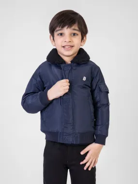 Navy Blue Quilted Casual Jacket With Sherpa Collar