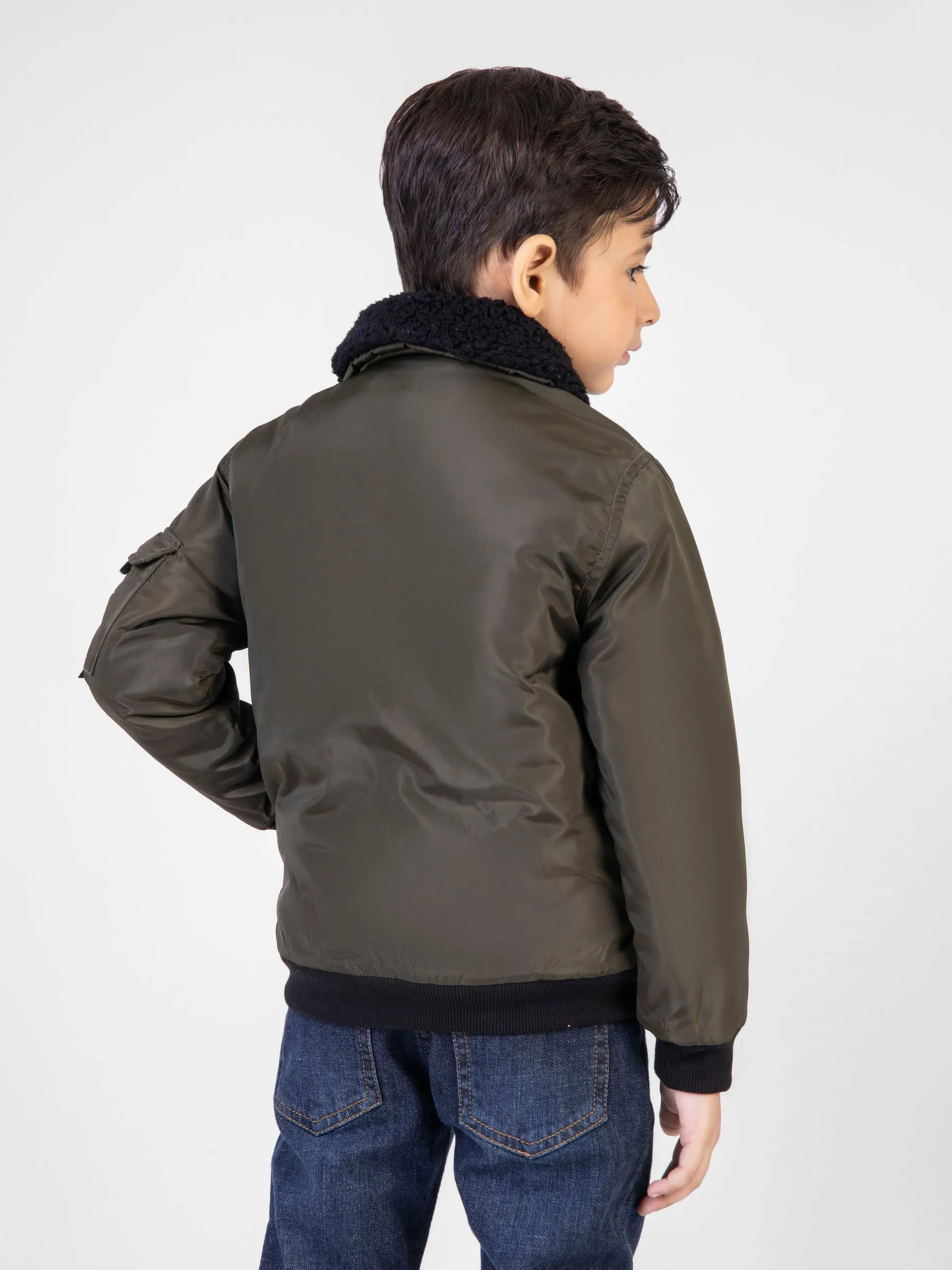 Olive Green Quilted Casual Jacket With Sherpa Collar