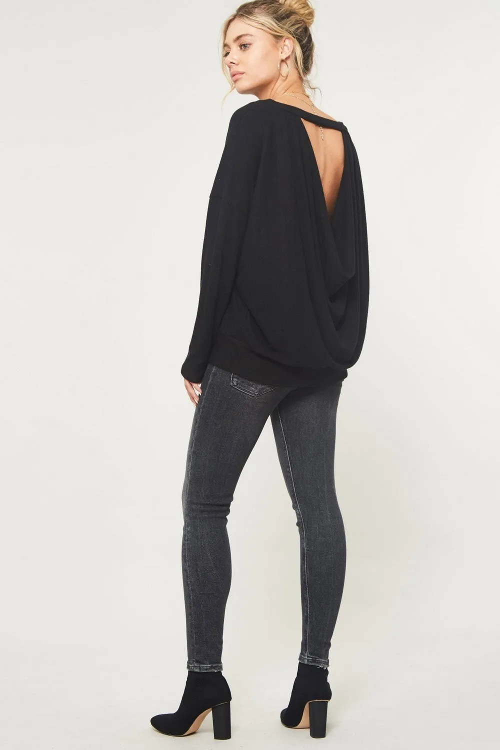 Open Back Brush Knit Top, Black