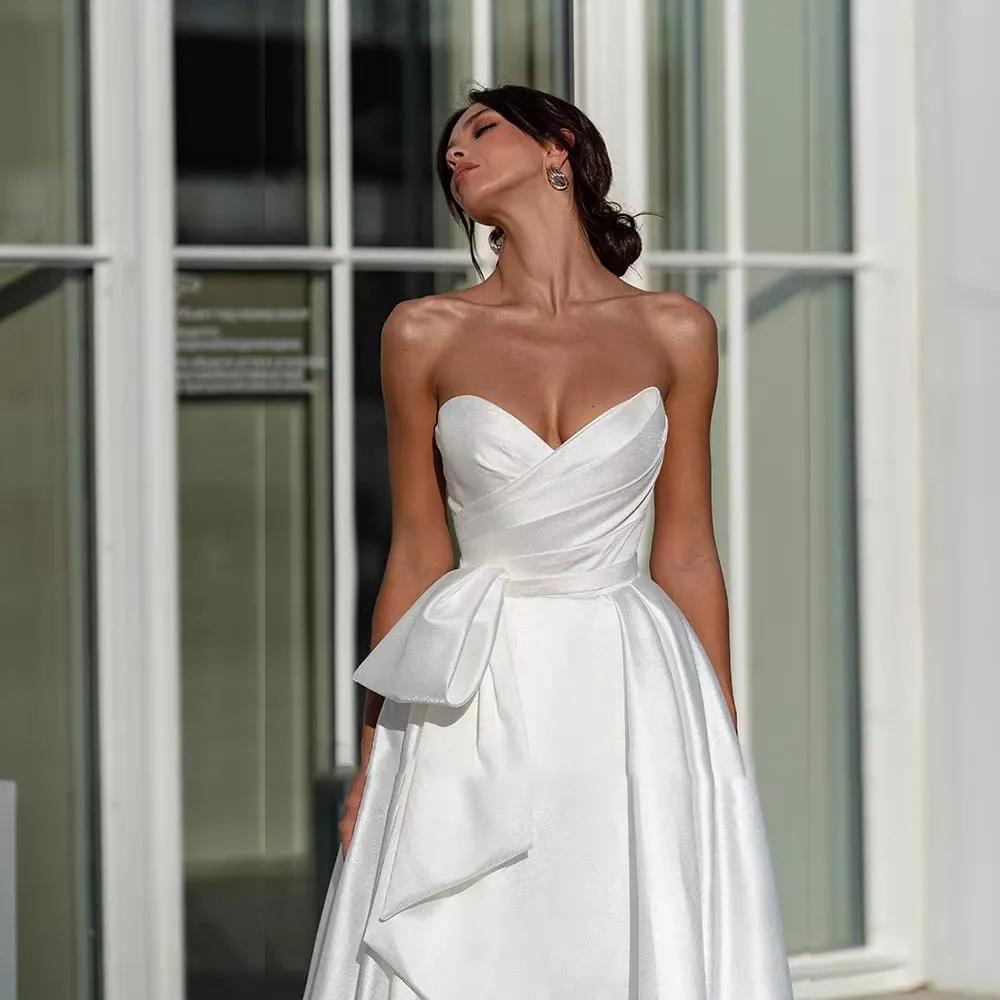 Pleated A-Line Wedding Dress with Slit Skirt Sweetheart Neck and Princess Silhouette