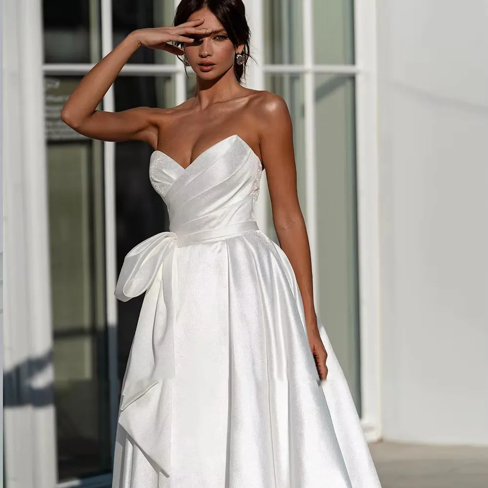 Pleated A-Line Wedding Dress with Slit Skirt Sweetheart Neck and Princess Silhouette