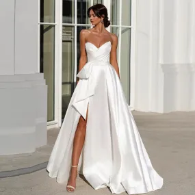 Pleated A-Line Wedding Dress with Slit Skirt Sweetheart Neck and Princess Silhouette