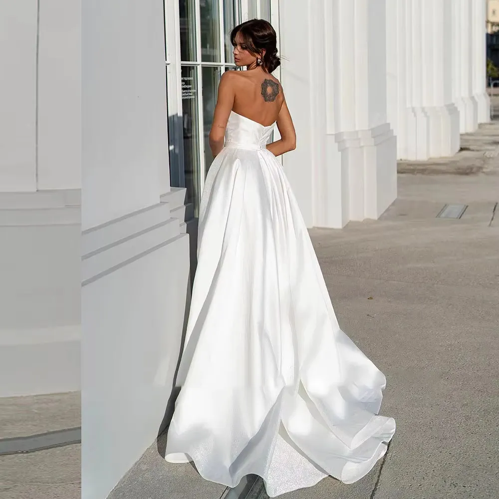 Pleated A-Line Wedding Dress with Slit Skirt Sweetheart Neck and Princess Silhouette