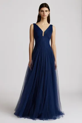 Pleated Tulle Gown - Dark Navy