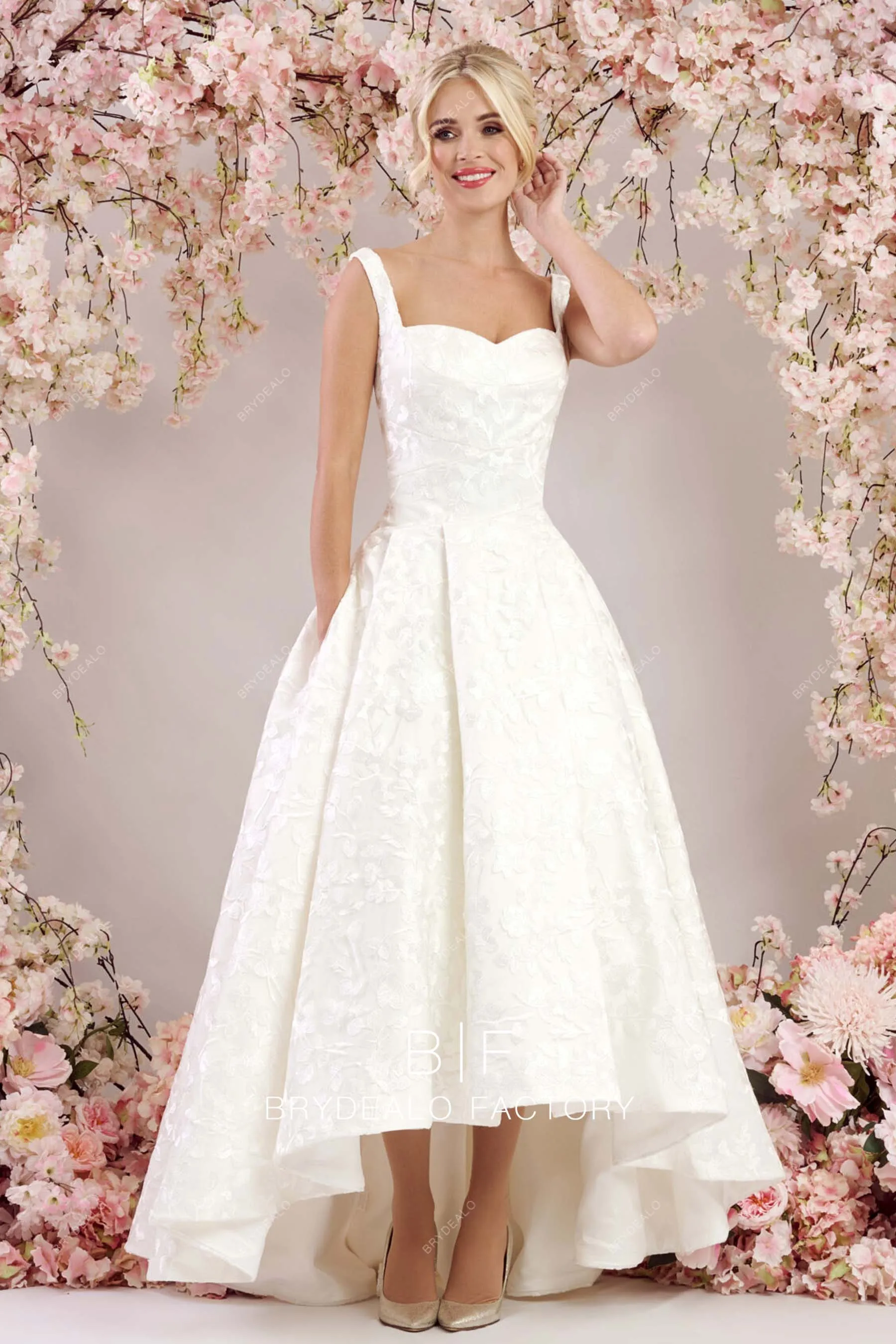 Pretty Semi Sweetheart Neck Lace Pocket High-low A-line Wedding Dress