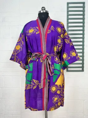 Recycled Pure Cotton Vintage Kimono Open Jacket Boho Summer TieDye House Robe, Beach Coverup | Purple Yellow Floral Style Print