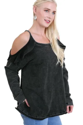 Ruffled Open Shoulder Tunic, Black