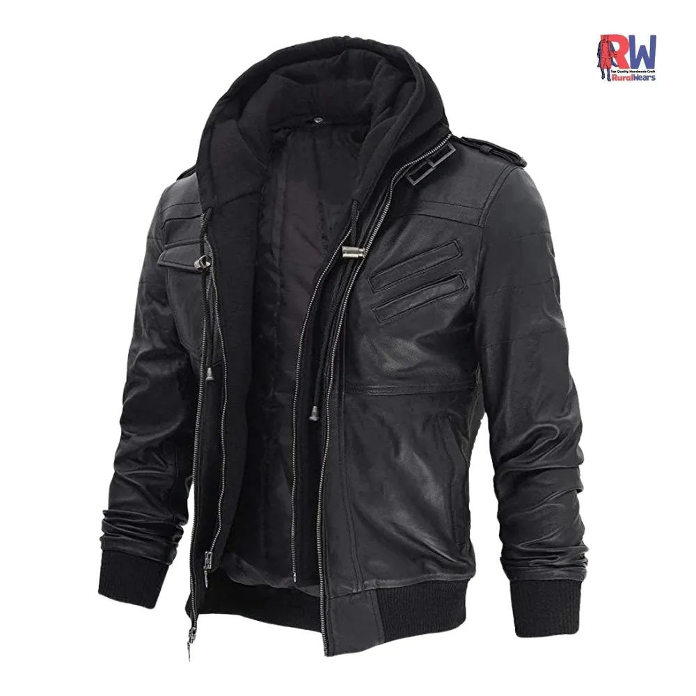 RW Authentic Sheepskin Distressed Black Biker Genuine Leather Hooded Bomber Jacket