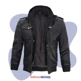 RW Authentic Sheepskin Distressed Black Biker Genuine Leather Hooded Bomber Jacket