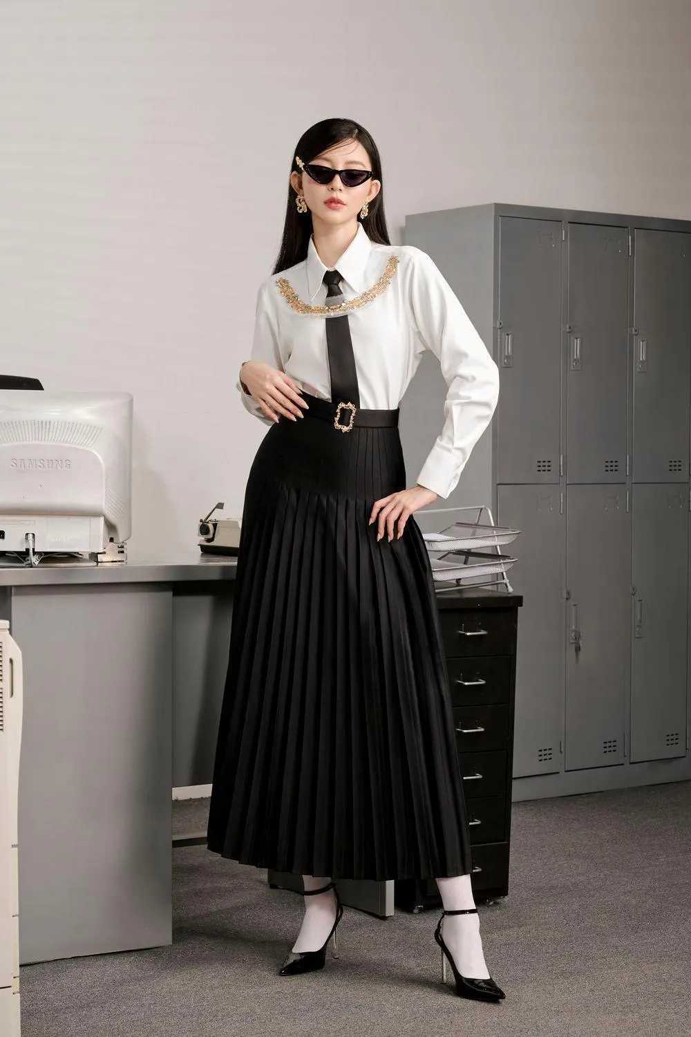 Sando A-line Pleated Cotton Midi Skirt