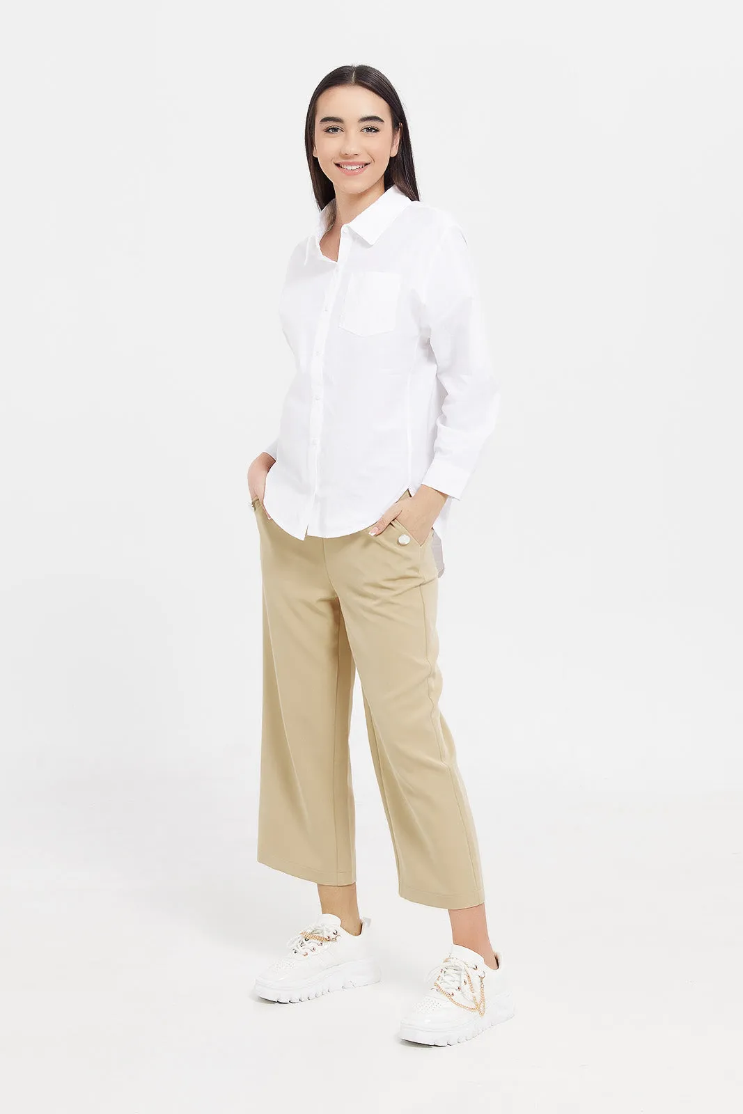 Senior Girls Beige Button Front Pants