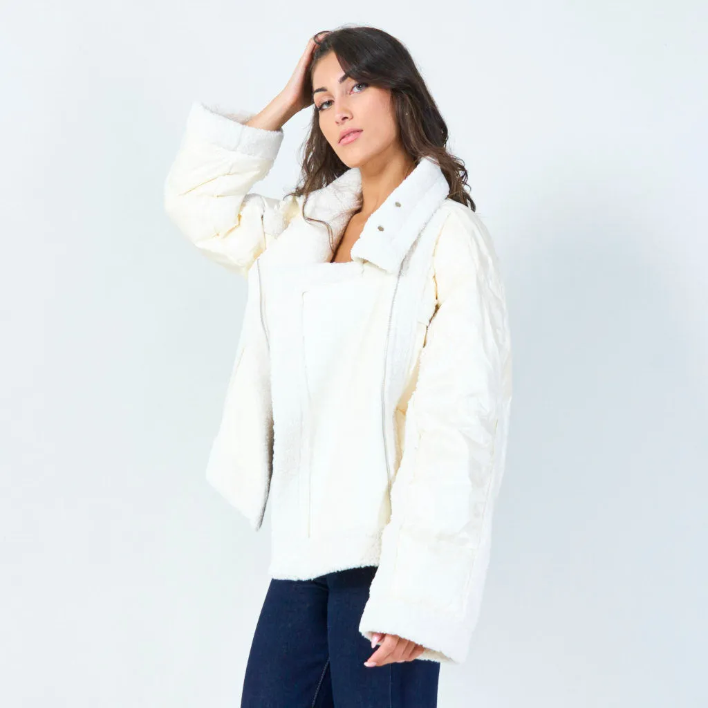 Sherpa-lined puffer jacket with snap details wholesale