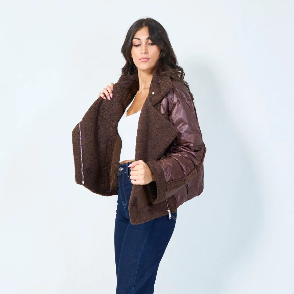 Sherpa-lined puffer jacket with snap details wholesale