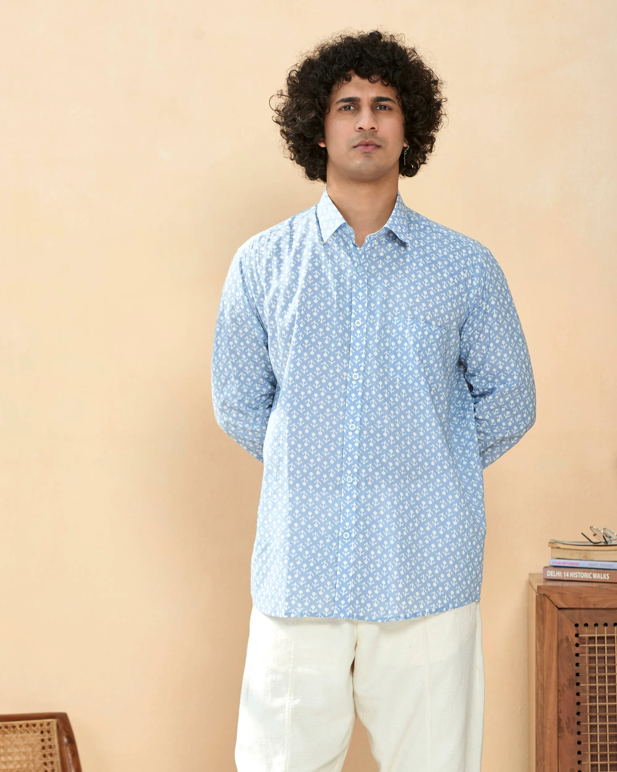 Sky Blue Full Sleeve Cotton Casual Printed Men's Shirt