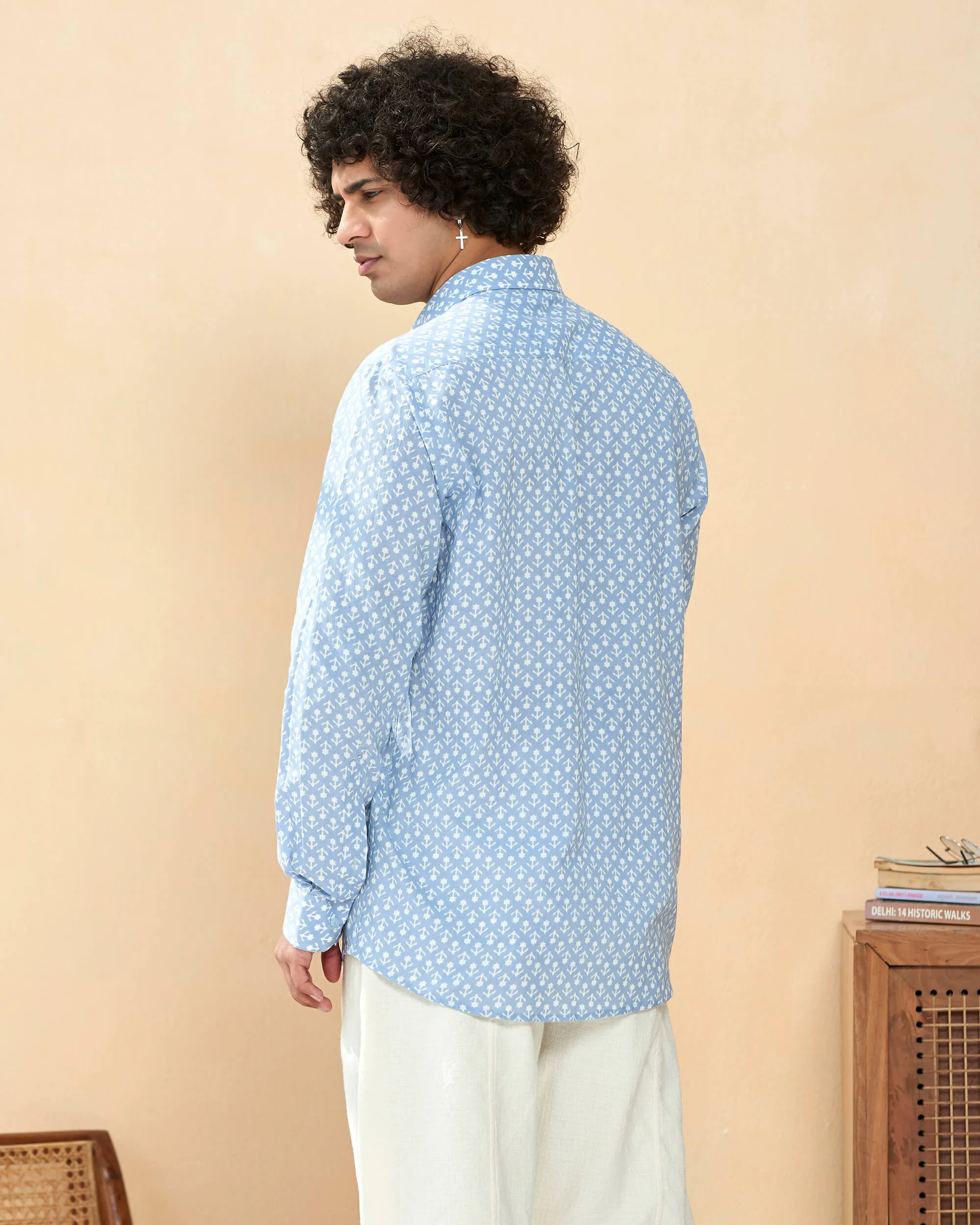 Sky Blue Full Sleeve Cotton Casual Printed Men's Shirt