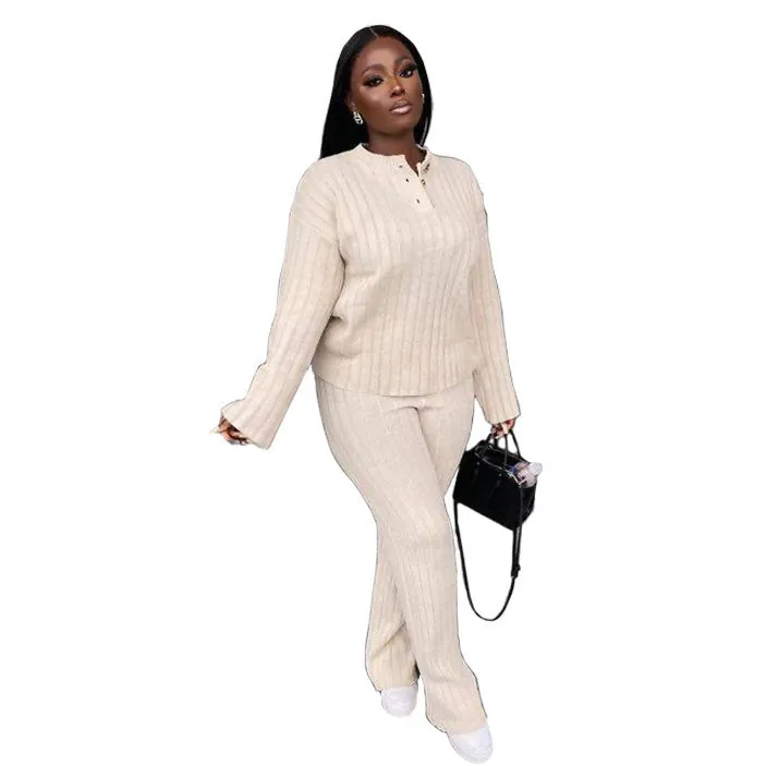 Soft Knitted Cotton Solid Color Long Sleeve Top & Pants Outfits