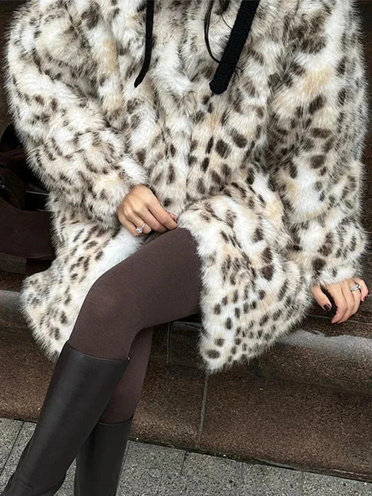 TAVIMART  -  Women Fashion Leopard Faux Fur Jacket Coat Long Sleeve Front Snap-button Female Outerwear Chic Lapel Collar Thick Coats