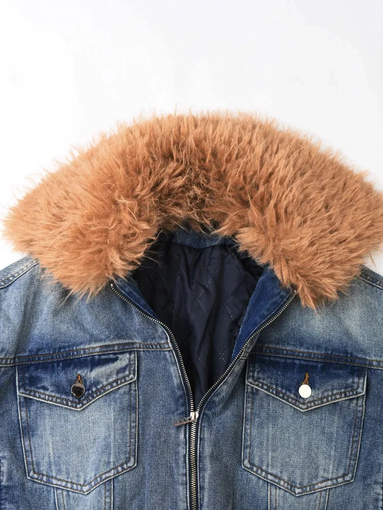 TEEK - Blue Denim Cotton Padded Fluff Lapel Jacket