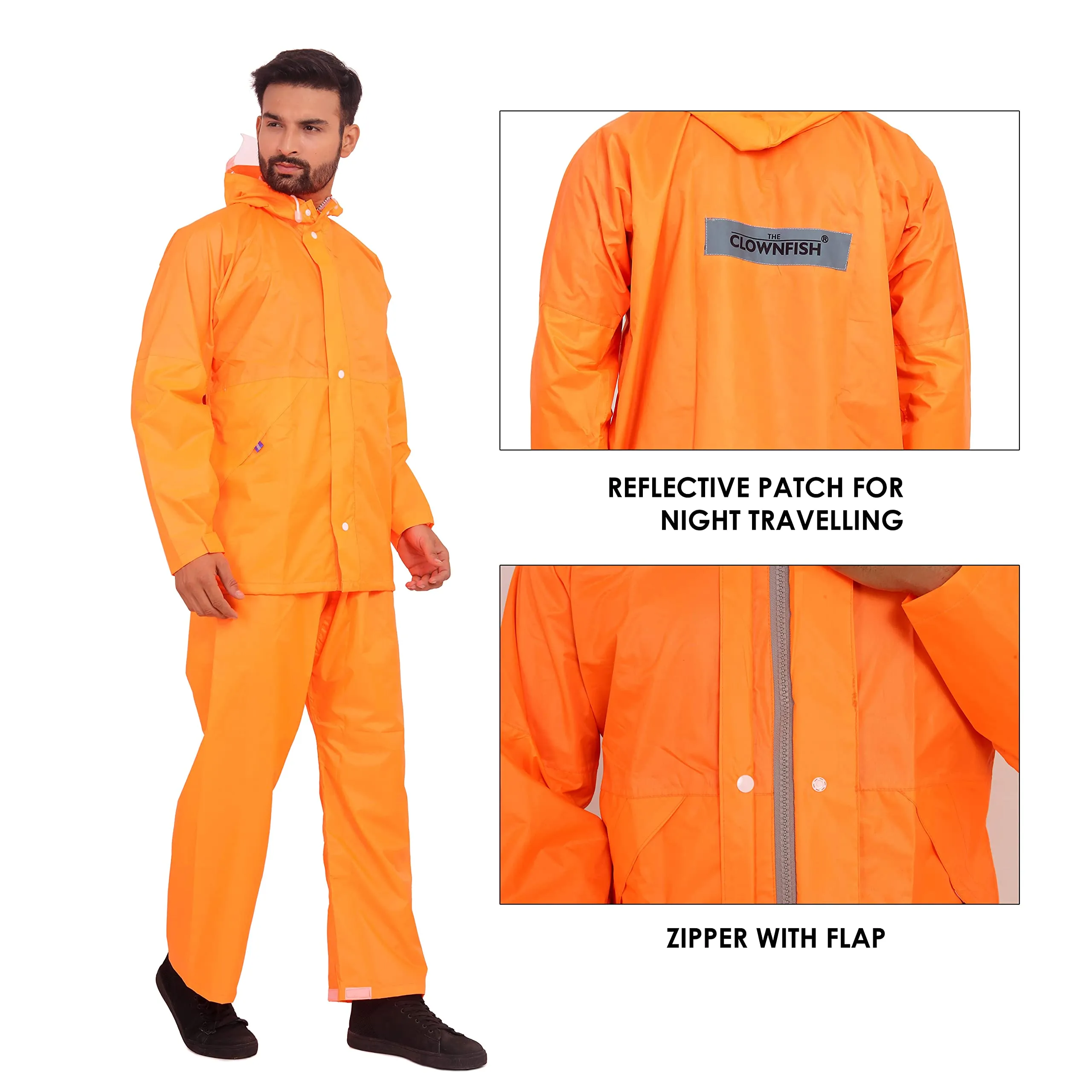 The Clownfish Rain Coat for Men Waterproof for Bike Raincoat for Men with Hood. Set of Top and Bottom. Classic Series (Orange, X-Large)