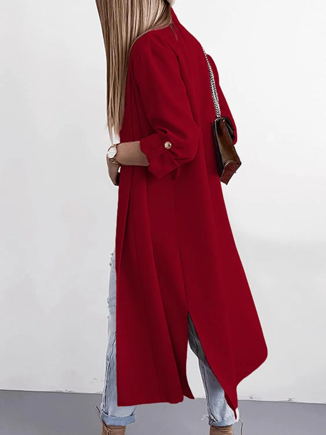 Trench Coat Slit Open Front Roll-Tab Sleeve Outwear