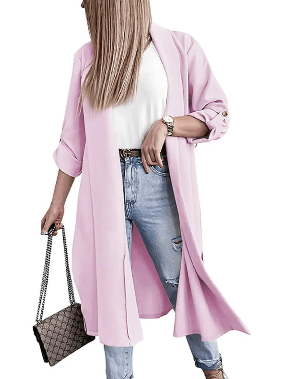 Trench Coat Slit Open Front Roll-Tab Sleeve Outwear