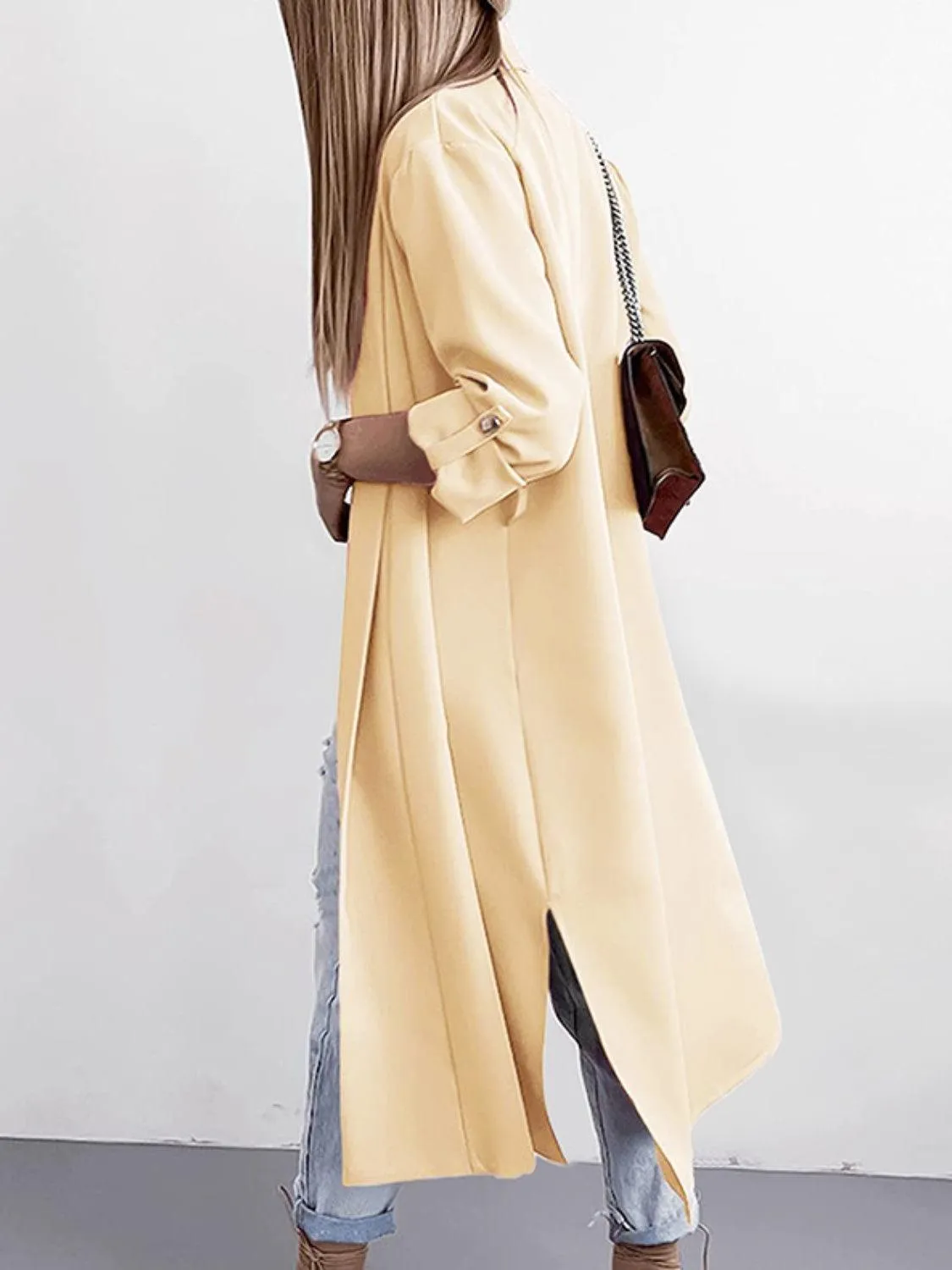 Trench Coat Slit Open Front Roll-Tab Sleeve Outwear