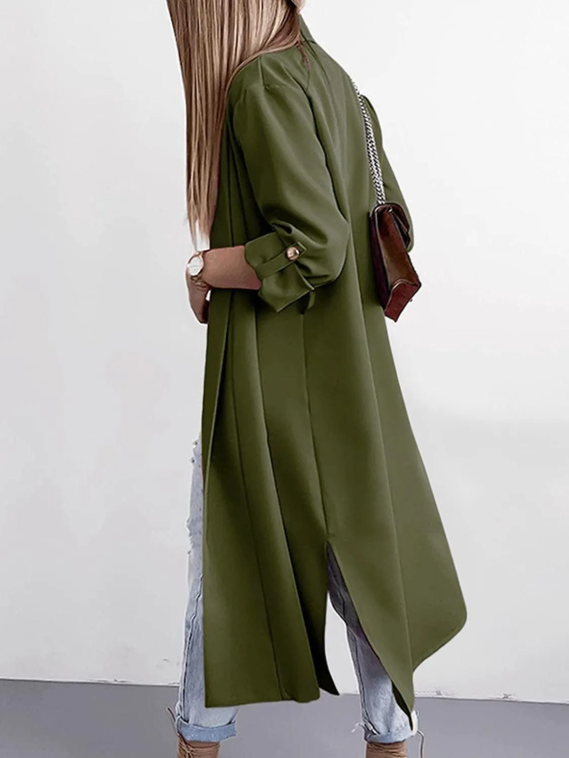 Trench Coat Slit Open Front Roll-Tab Sleeve Outwear