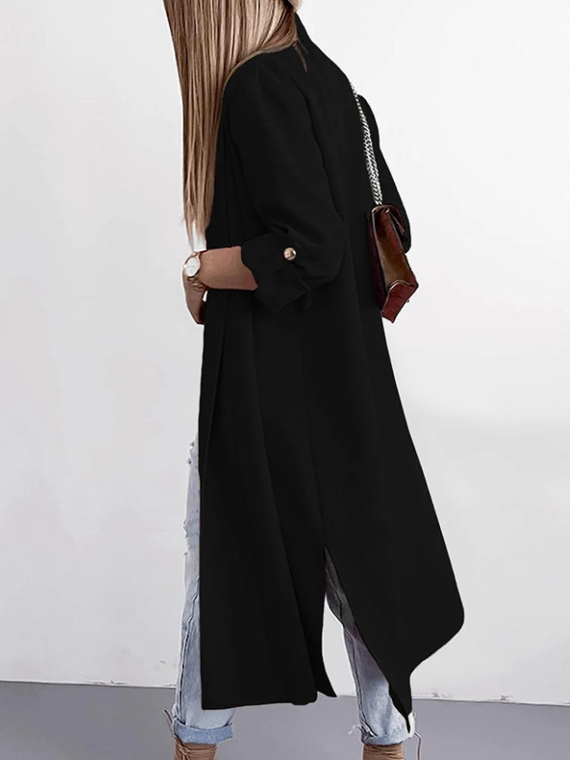 Trench Coat Slit Open Front Roll-Tab Sleeve Outwear