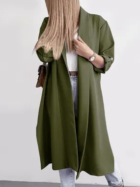 Trench Coat Slit Open Front Roll-Tab Sleeve Outwear