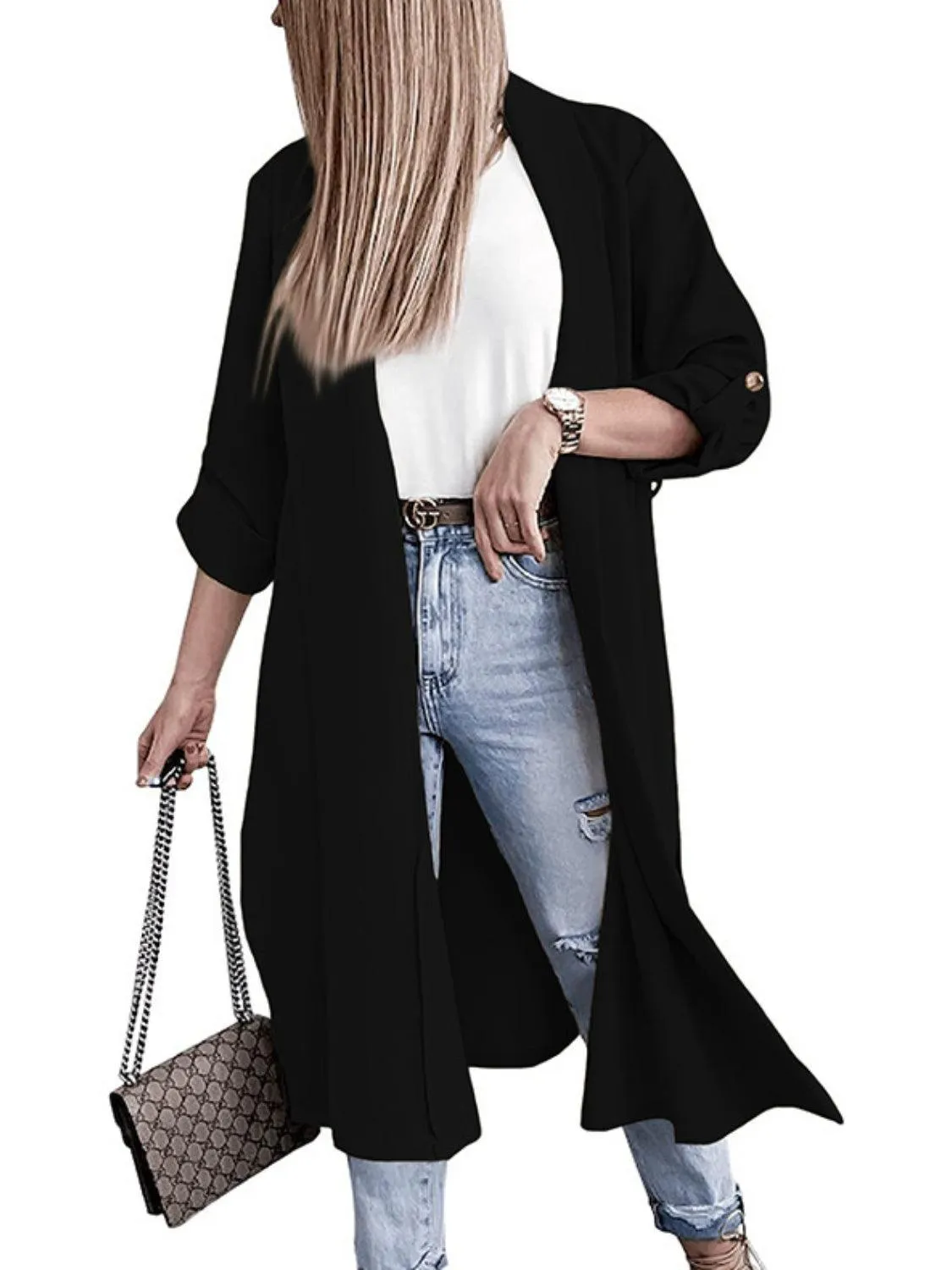 Trench Coat Slit Open Front Roll-Tab Sleeve Outwear