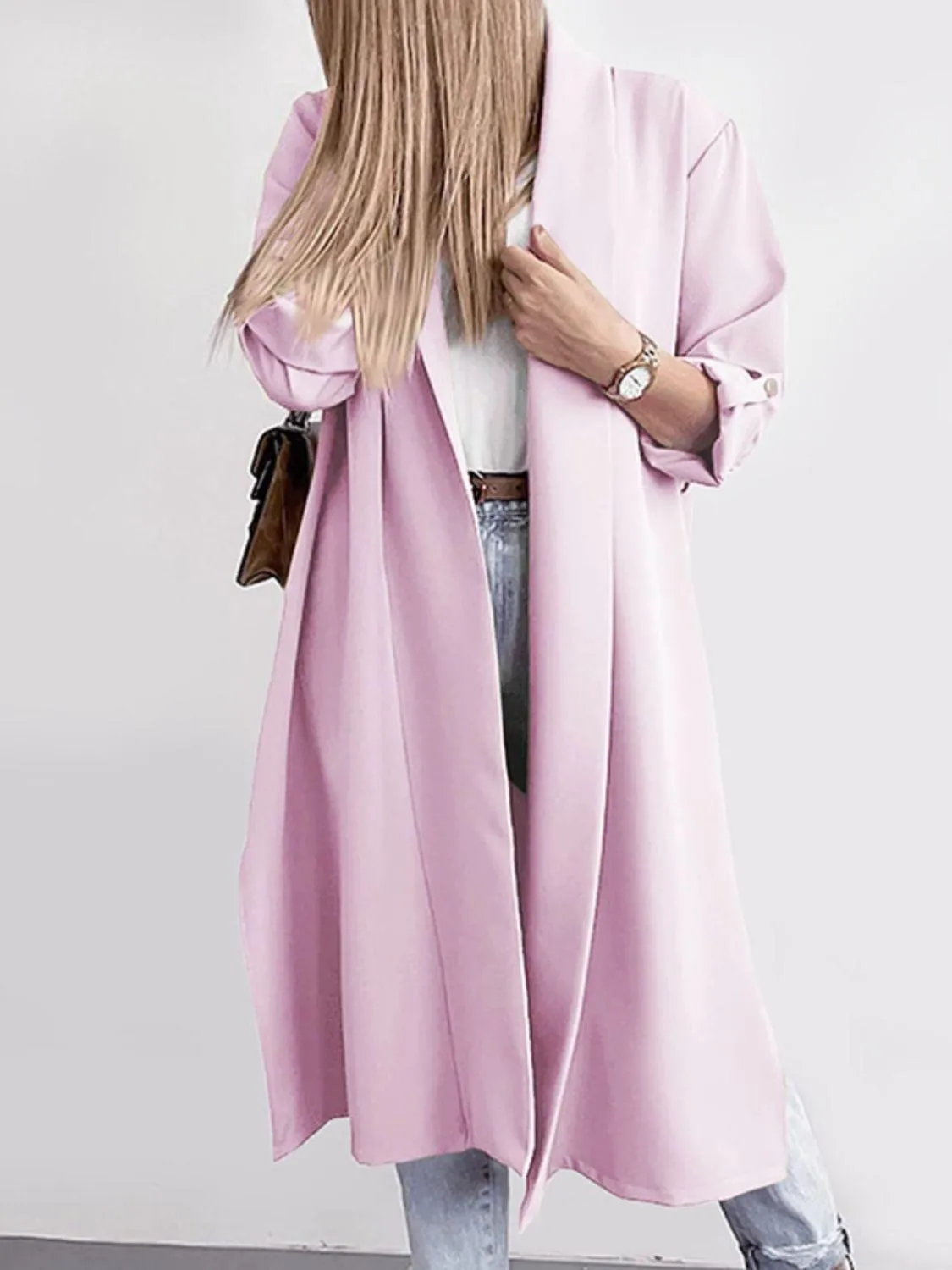 Trench Coat Slit Open Front Roll-Tab Sleeve Outwear