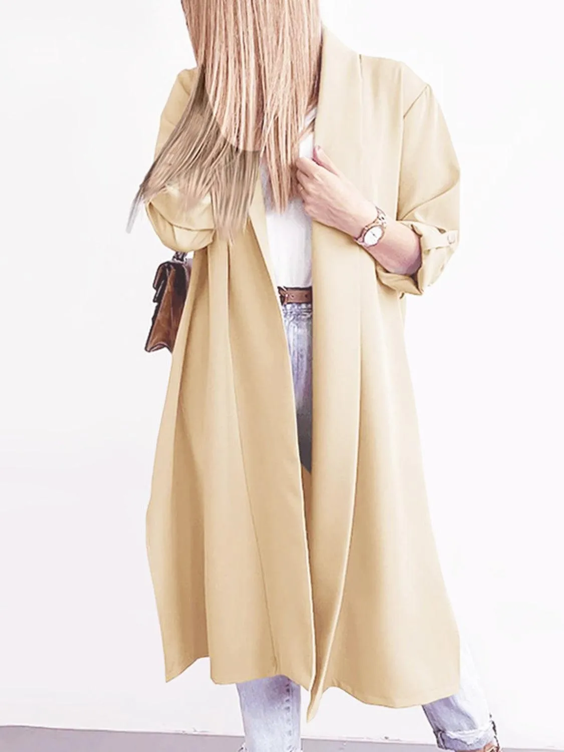 Trench Coat Slit Open Front Roll-Tab Sleeve Outwear