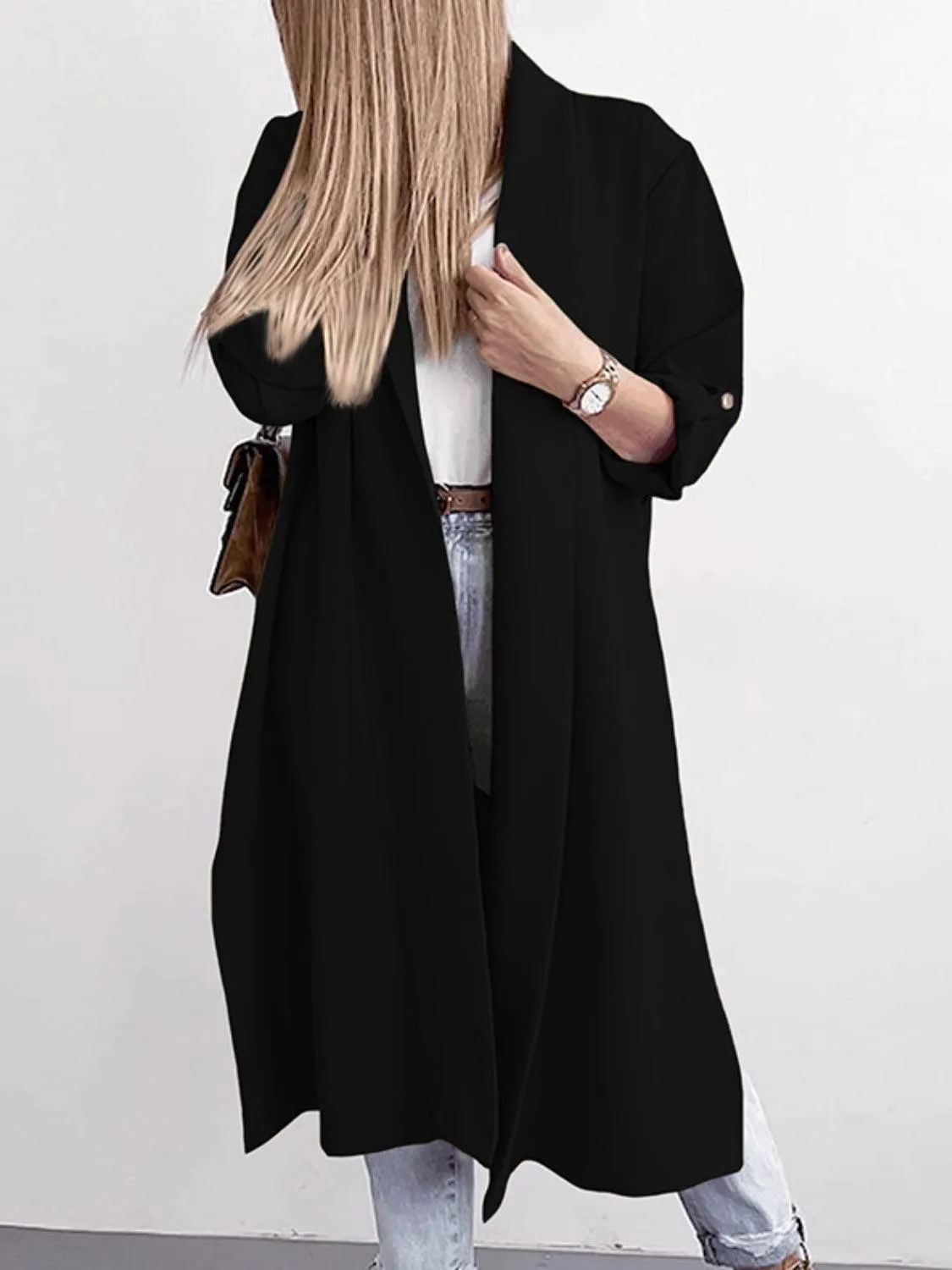 Trench Coat Slit Open Front Roll-Tab Sleeve Outwear