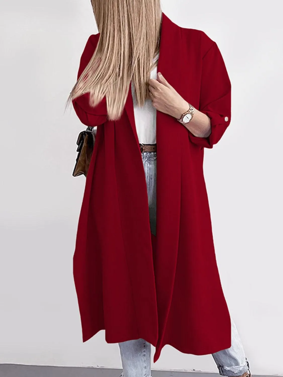 Trench Coat Slit Open Front Roll-Tab Sleeve Outwear