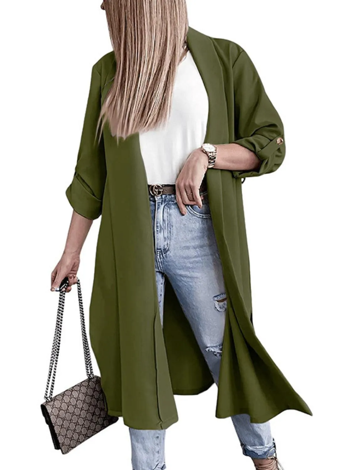 Trench Coat Slit Open Front Roll-Tab Sleeve Outwear