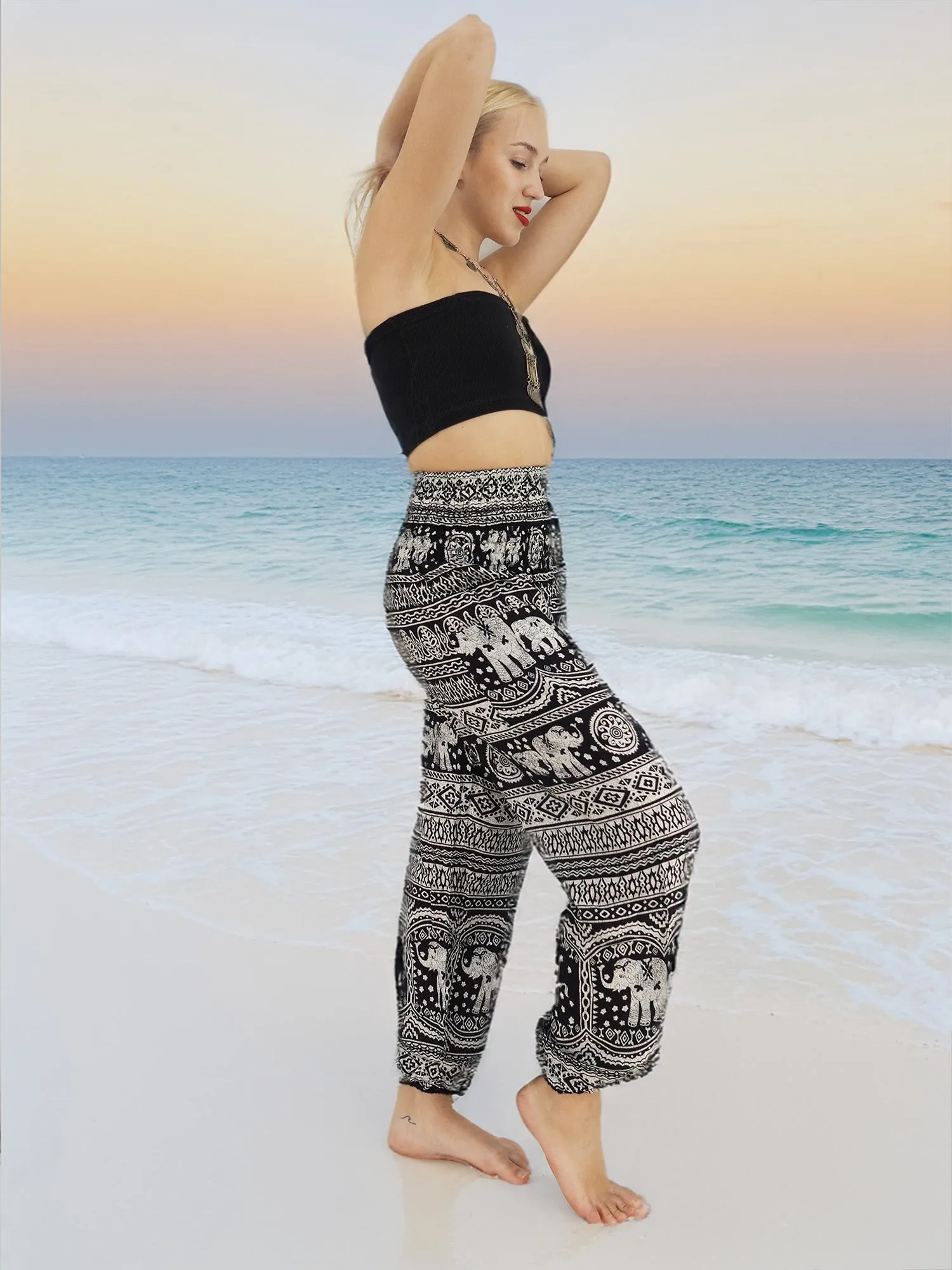 Unisex Harem Yoga Hippie Boho Pants in Black With Elephant Print M To XL