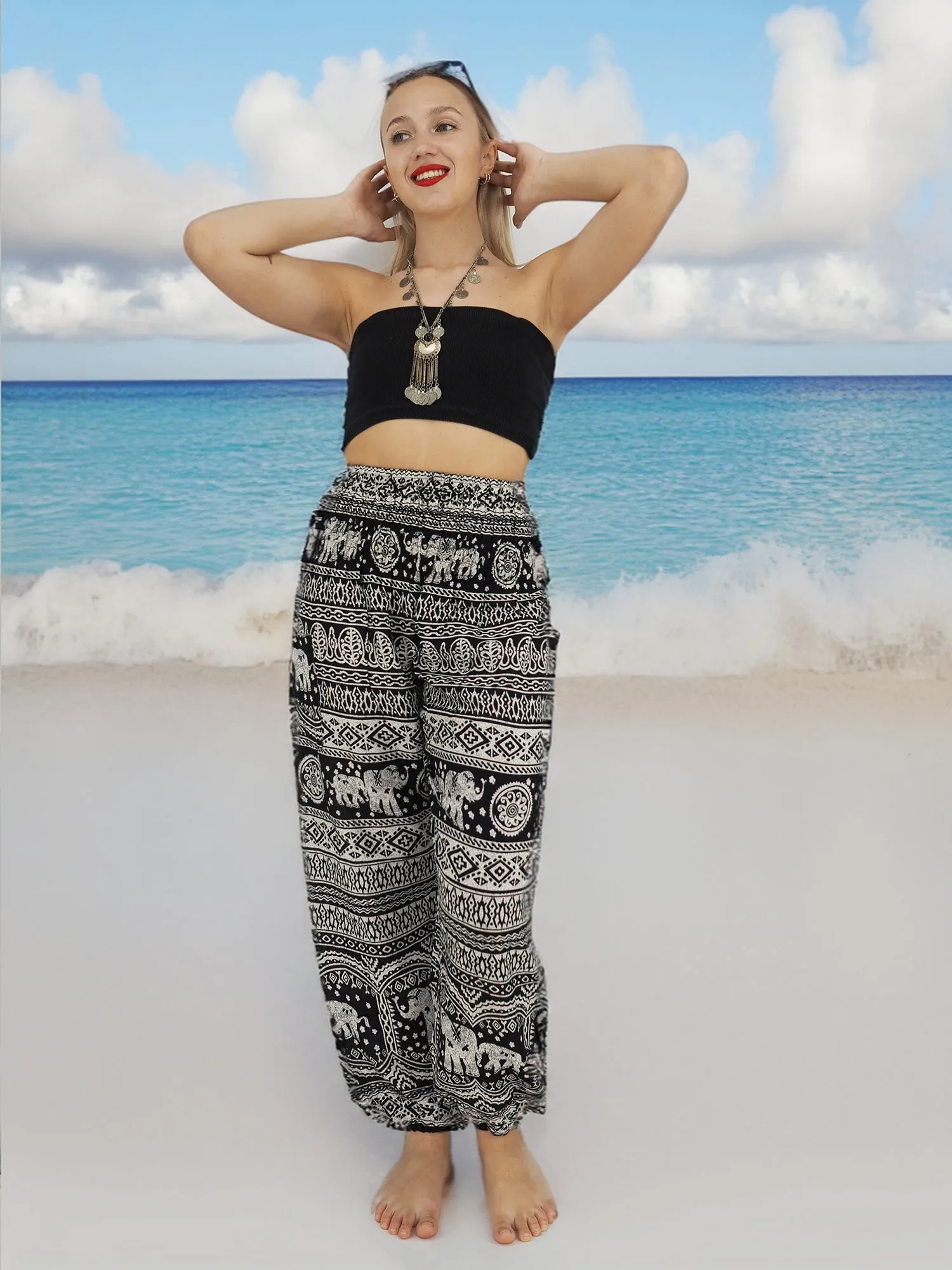 Unisex Harem Yoga Hippie Boho Pants in Black With Elephant Print M To XL