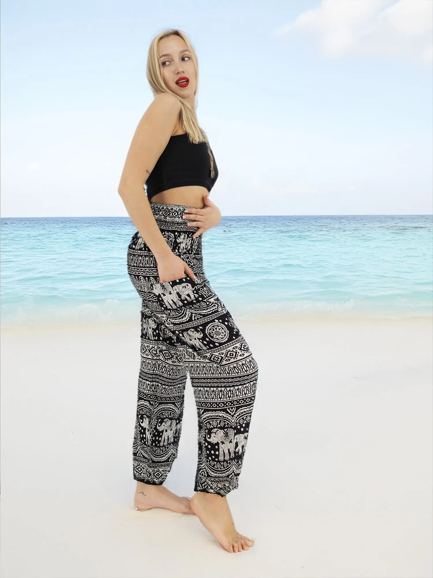 Unisex Harem Yoga Hippie Boho Pants in Black With Elephant Print M To XL