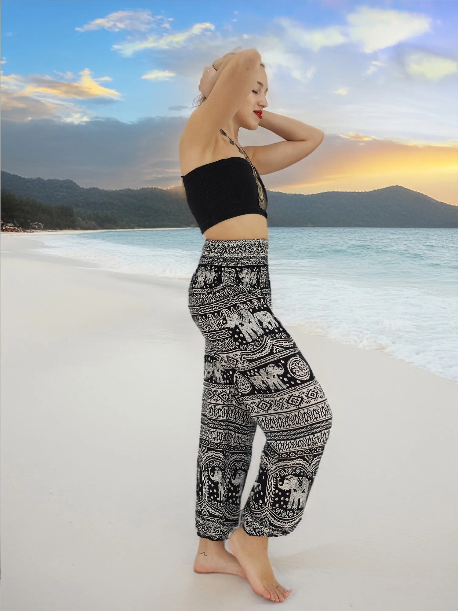 Unisex Harem Yoga Hippie Boho Pants in Black With Elephant Print M To XL