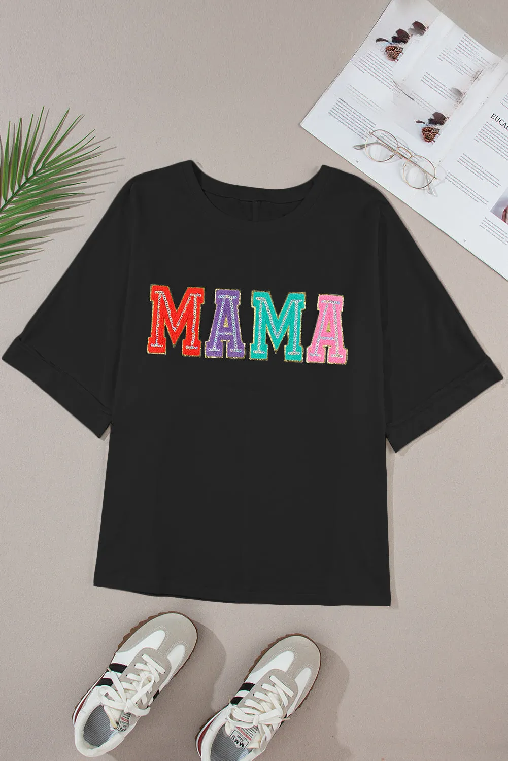 Women Casual MAMA Chenille Patched Crew Neck T Shirt