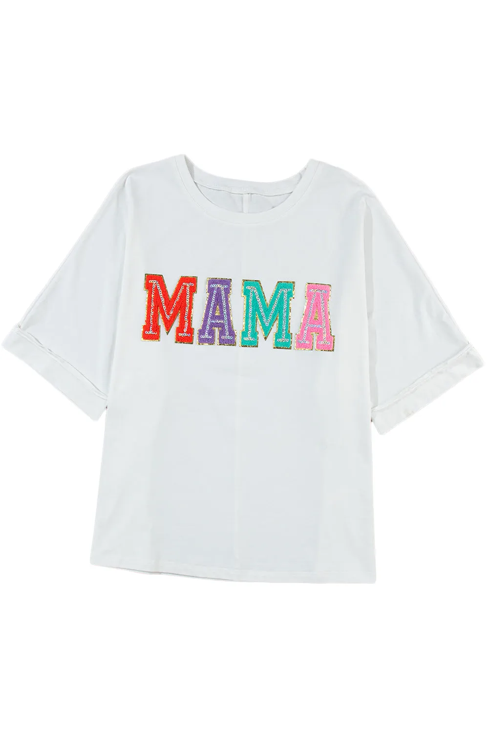 Women Casual MAMA Chenille Patched Crew Neck T Shirt