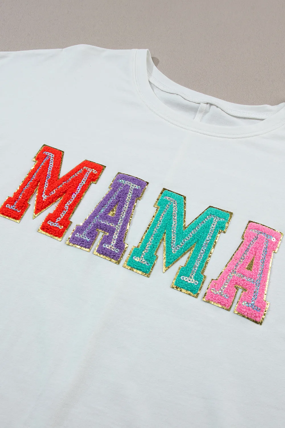 Women Casual MAMA Chenille Patched Crew Neck T Shirt